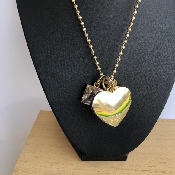 Coach Logo Gold Heart Locket Necklace with Attached Stone - Picture 7 of 8